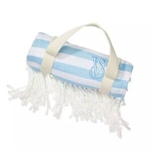 Victoria Secret Beach Picnic Blanket Fringe Blue White Stripped Logo Handle